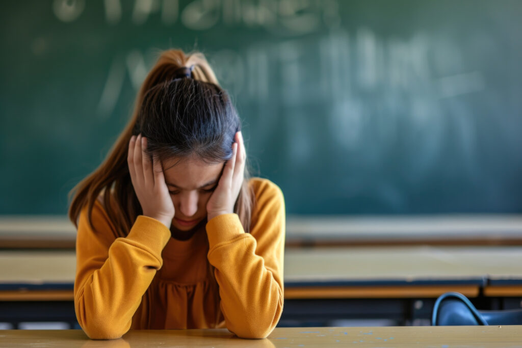 sad girl bullied in classroom